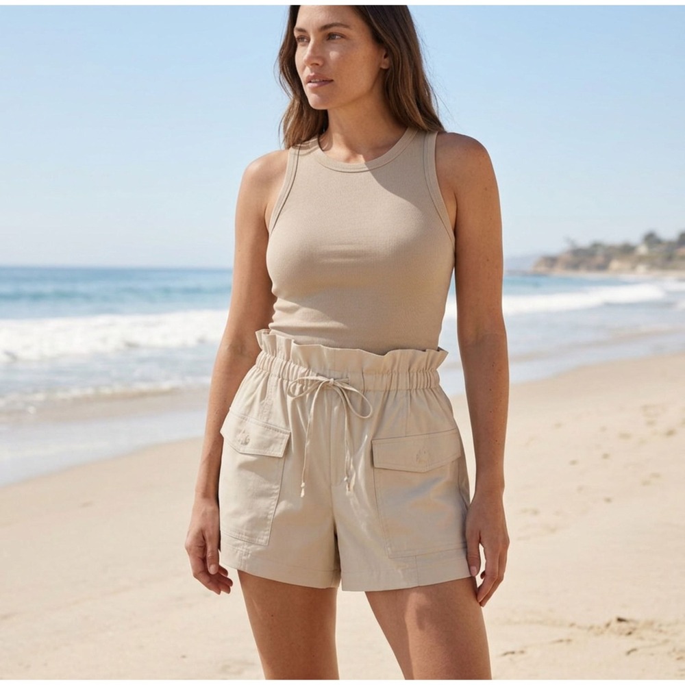 Girlfriend Collective Gazelle Shorts Sand Beige Paperbag Waist Cargo M 2763